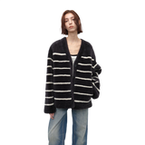 Vitality Girl Classic Simple Versatile Striped Splicing V-Neck Drop Shoulder Merino Sheepskin Coat