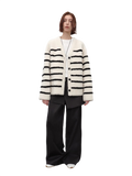 Vitality Girl Classic Simple Versatile Striped Splicing V-Neck Drop Shoulder Merino Sheepskin Coat