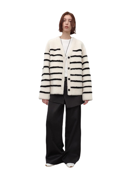 Vitality Girl Classic Simple Versatile Striped Splicing V-Neck Drop Shoulder Merino Sheepskin Coat