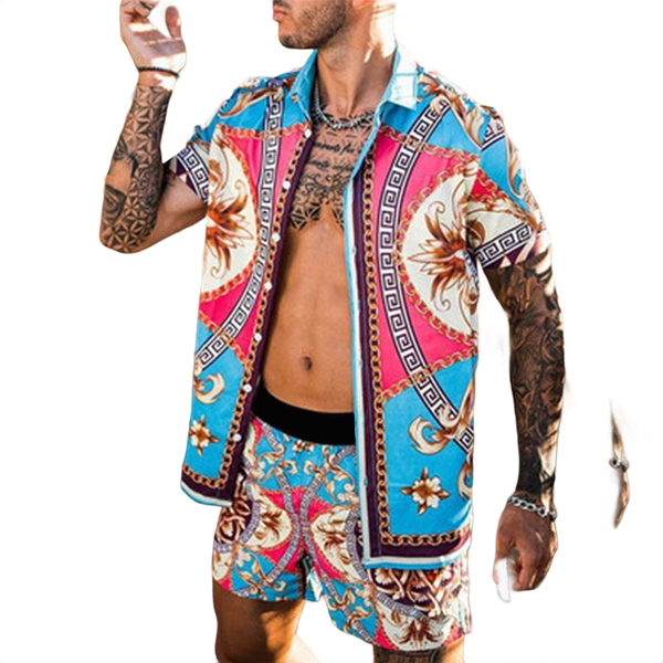 Beach Style Loose Shirt Hawaiian Print Two-Piece Suit