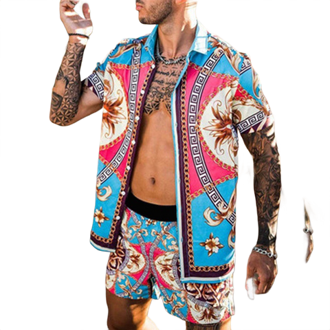 Beach Style Loose Shirt Hawaiian Print Two-Piece Suit