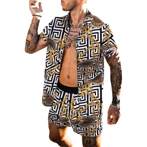 Beach Style Loose Shirt Hawaiian Print Two-Piece Suit