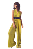 Satin Halter Neck Pleated Maxi Jumpsuit in Green