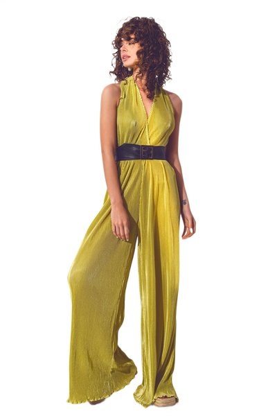 Satin Halter Neck Pleated Maxi Jumpsuit in Green