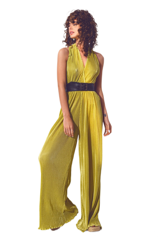 Satin Halter Neck Pleated Maxi Jumpsuit in Green