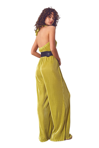 Satin Halter Neck Pleated Maxi Jumpsuit in Green