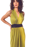 Satin Halter Neck Pleated Maxi Jumpsuit in Green
