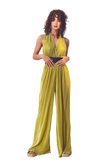 Satin Halter Neck Pleated Maxi Jumpsuit in Green