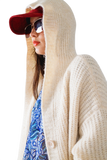 Long Ribbed Cardigan With Pockes and Hood in Cream