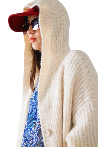 Long Ribbed Cardigan With Pockes and Hood in Cream