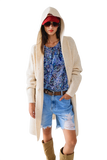 Long Ribbed Cardigan With Pockes and Hood in Cream