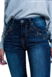 Dark Wash High Waist Jeans With Rhinestone Details