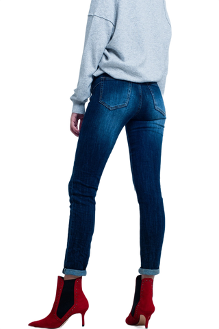 Dark Wash High Waist Jeans With Rhinestone Details