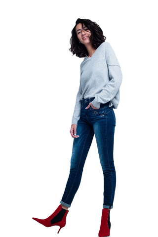 Dark Wash High Waist Jeans With Rhinestone Details