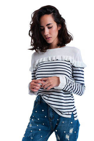 Navy Striped Sweater With Ruffles