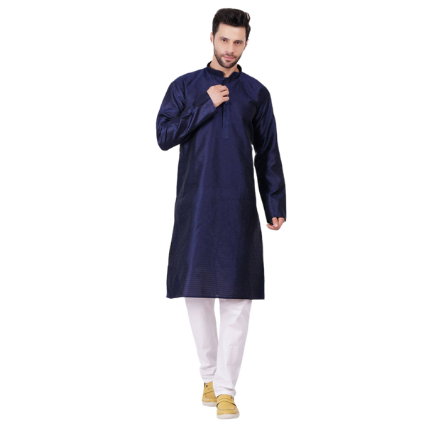 Self Design Silk Kurta Pajama Set - Navy Blue