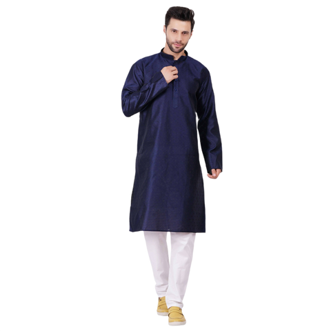 Self Design Silk Kurta Pajama Set - Navy Blue