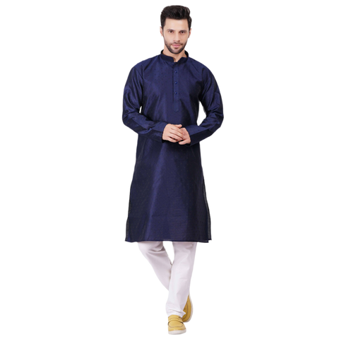 Self Design Silk Kurta Pajama Set - Navy Blue