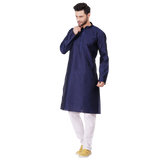 Self Design Silk Kurta Pajama Set - Navy Blue