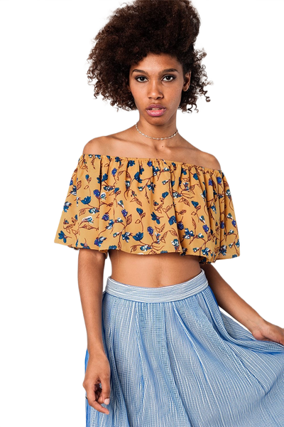 Off Shoulder Floral Crop Top in Mustard