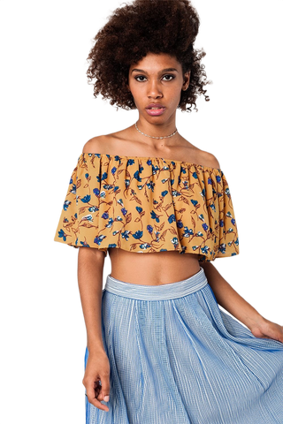 Off Shoulder Floral Crop Top in Mustard