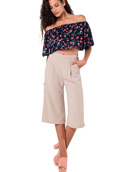 Off Shoulder Floral Crop Top in Navy