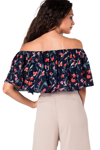 Off Shoulder Floral Crop Top in Navy