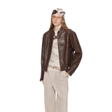 Caramel Mountain Retro Sheepskin Stand Collar Short Motorcycle Jacket