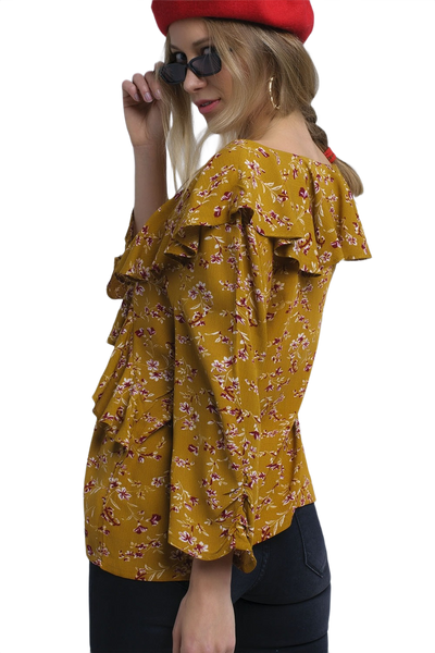 Shirt With Crossed Ruffles in Mustard