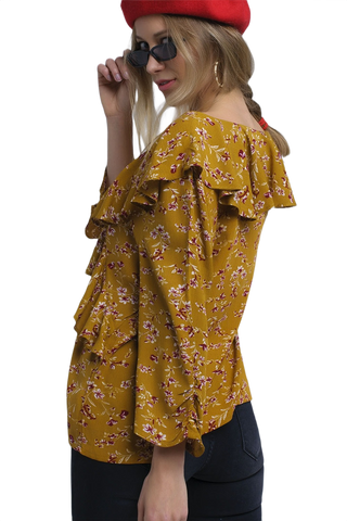 Shirt With Crossed Ruffles in Mustard