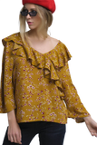 Shirt With Crossed Ruffles in Mustard