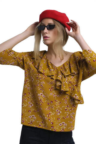 Shirt With Crossed Ruffles in Mustard