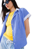 Blue Shirt With Short Sleeves and Vertical Stripes