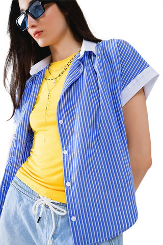 Blue Shirt With Short Sleeves and Vertical Stripes