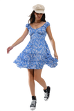 Blue Short Dress With White Floral Print and Elastic Waist