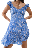 Blue Short Dress With White Floral Print and Elastic Waist