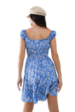 Blue Short Dress With White Floral Print and Elastic Waist
