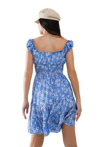 Blue Short Dress With White Floral Print and Elastic Waist