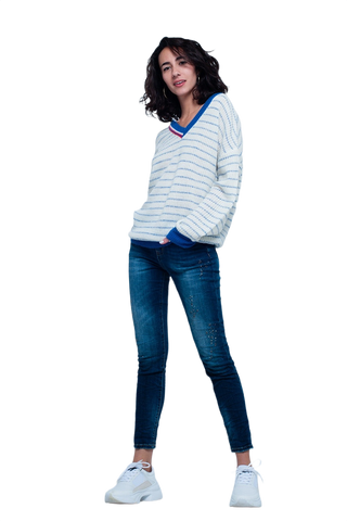 Blue Striped Sweater With V-Neck