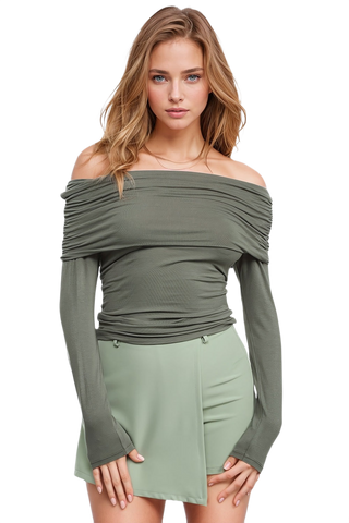Bodycon Off Shoulder Top in Green Khaki