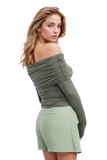 Bodycon Off Shoulder Top in Green Khaki