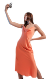 Cami Midi Slip Dress in High Shine Satin in Orange