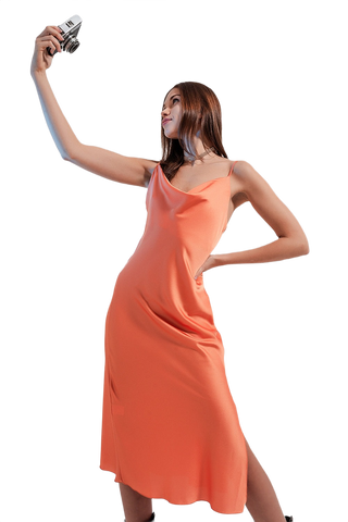 Cami Midi Slip Dress in High Shine Satin in Orange