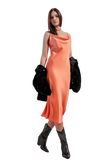 Cami Midi Slip Dress in High Shine Satin in Orange