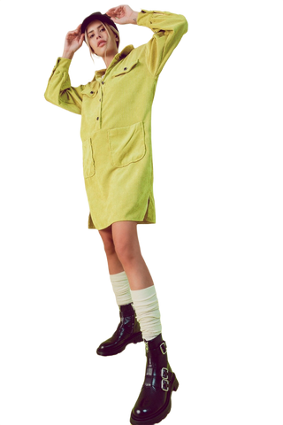 Cord Mini Shirt Dress in Lime