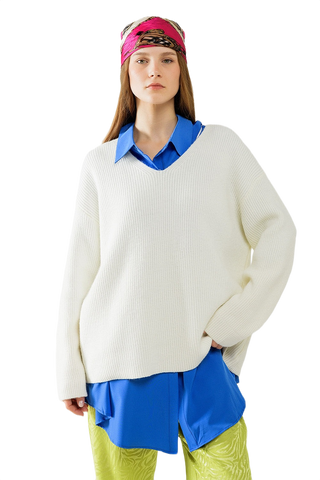 Cream Knit v Neck Sweater