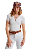 Cream T-Shirt With Crossed Front and V-Neck