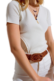Cream T-Shirt With Crossed Front and V-Neck