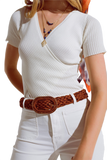 Cream T-Shirt With Crossed Front and V-Neck