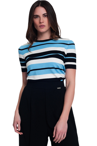 Crew Neck Boxy Jumper With Multi Stripes in Blue